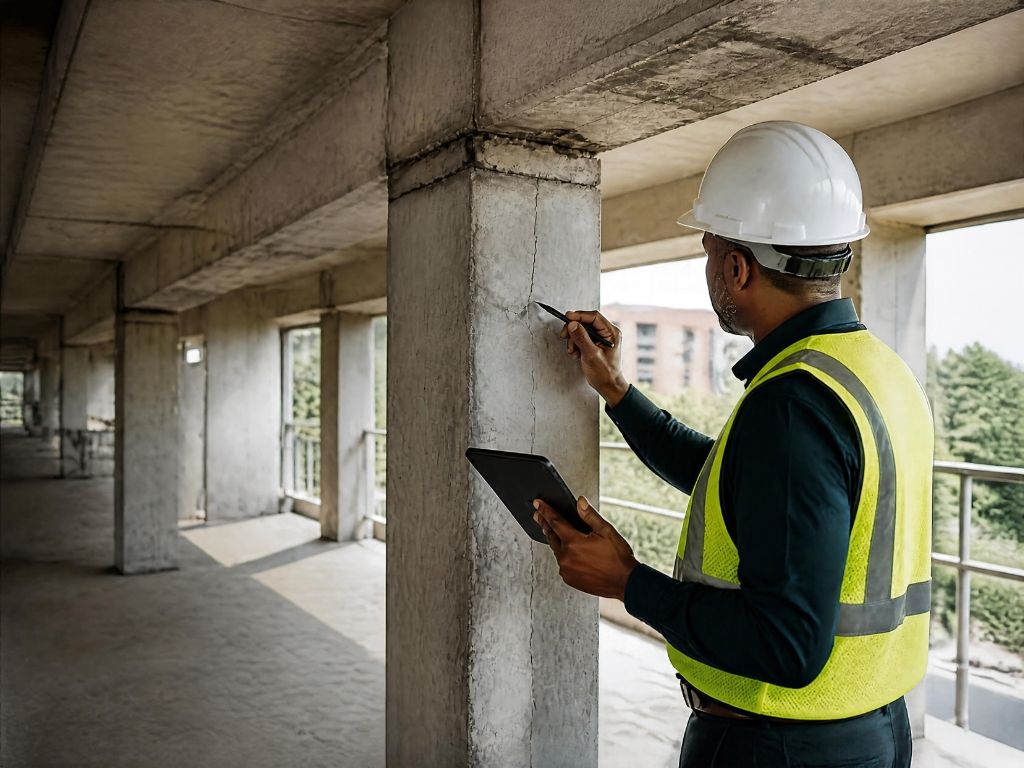 Engineer inspecting a concrete column and noting findings on a tablet