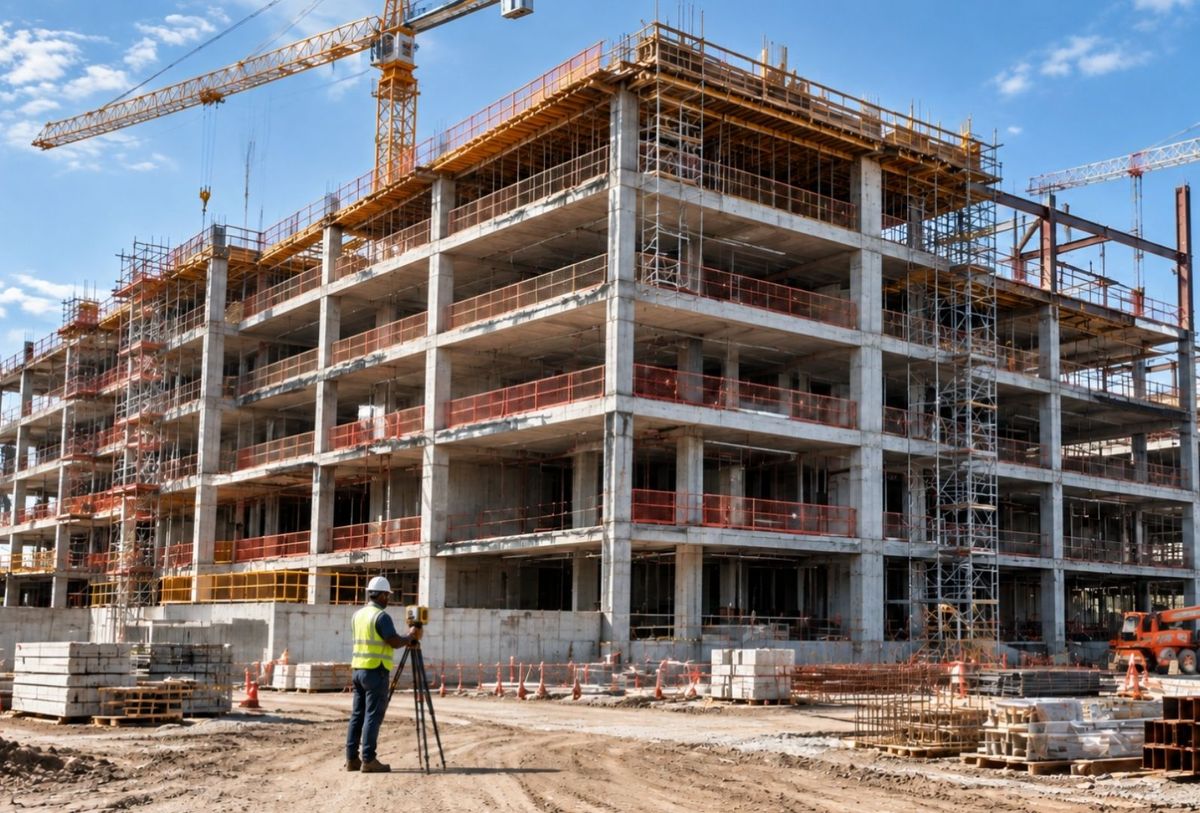 Multi-storey building under construction with a surveyor on site