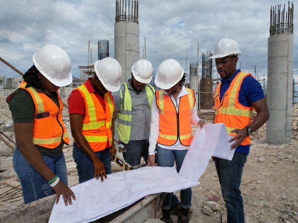 Project team in hard hats reviewing drawings on site