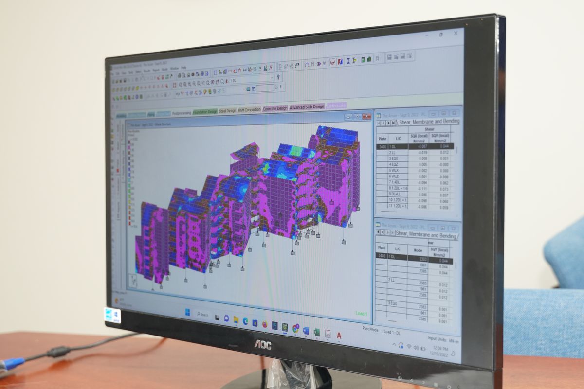 Structural analysis model of a building on a computer screen