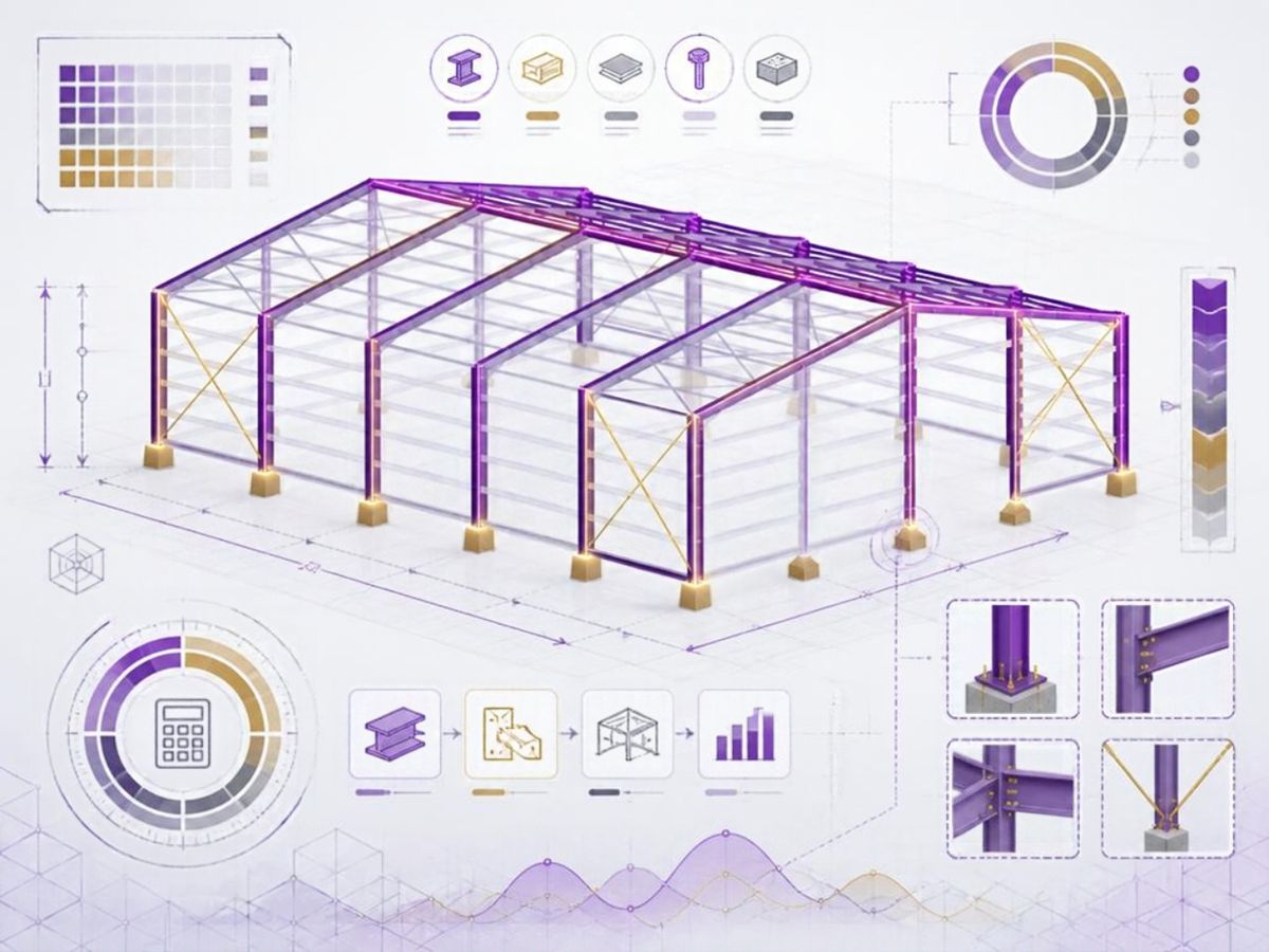 Steel portal-frame model with cost and design analysis graphics